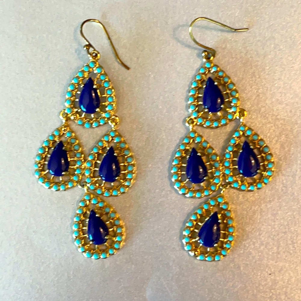 Stella and Dot lapis, turquoise and gold dangle earrings